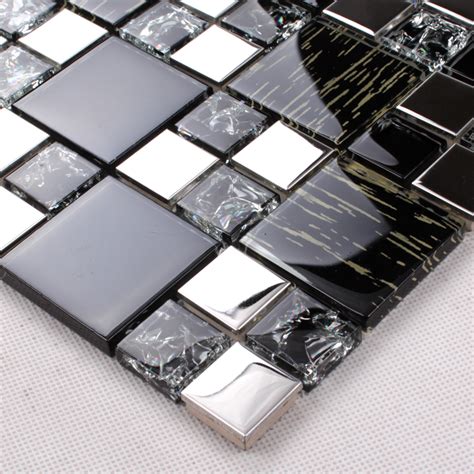 Silver Stainless Steel Black Crystal Glass Tile Backsplash Ideas Bathroom Crackle Mosaic