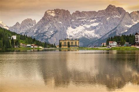 Dolomites Mountains Reflection In Lake Misurina Stock Photo Image Of