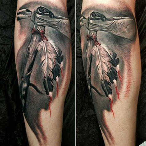 Native American Tomahawk Feathers Tattoo On Calf Feather Tattoo For