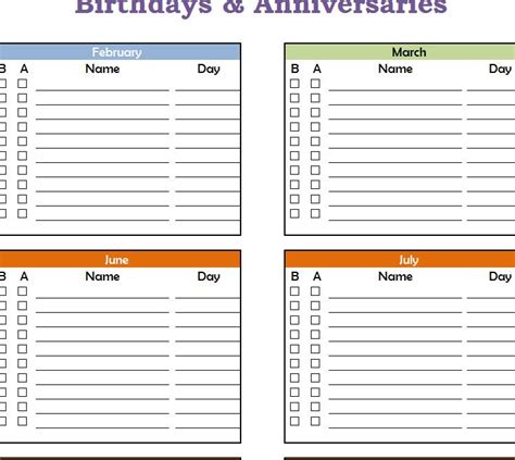 Birthdays And Anniversaries Calendar
