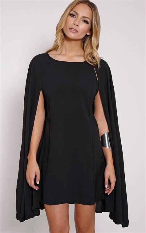 Milana Black Cape Dress Dresses Prettylittlething Prettylittlething