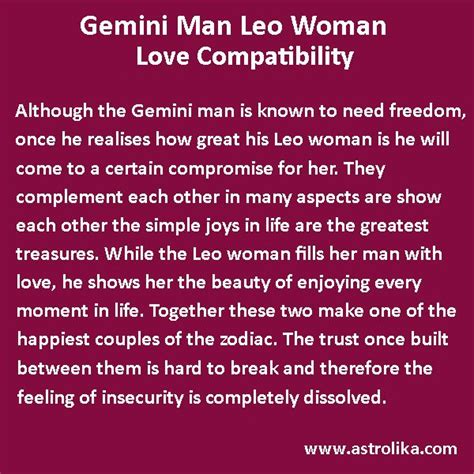 Cancer woman should make it very clear that her gemini man has an adventurous spirit. Gemini Man and Leo Woman Love Compatibility | Aquarius men ...