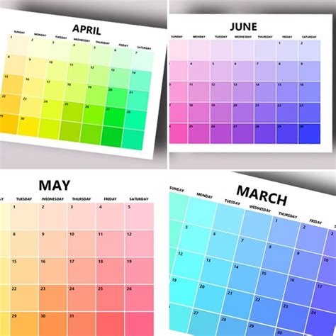 Three Different Colored Calendars With The Month On Each One And Months