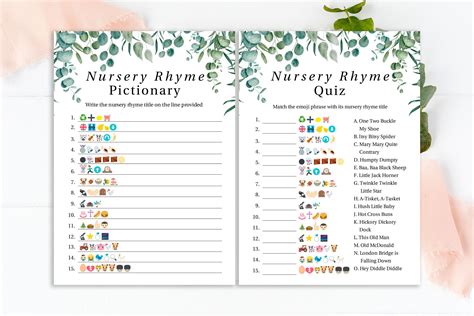 Emoji Nursery Rhyme Quiz Greenery Eucalyptus Baby Shower Etsy Baby