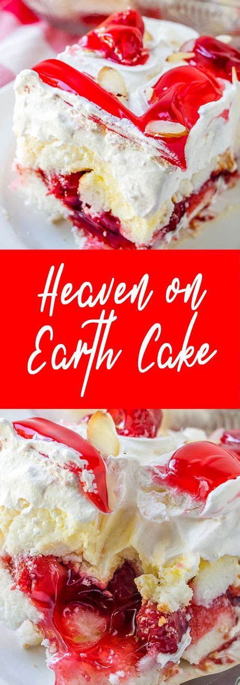 This angel food cake dessert uses cubes of ready made angel food cake, layered in a pan with a vanilla pudding cream, cherry pie filling and cool whip. Recipe Heaven on Earth Cake #cake #recipe - All Recipe ...