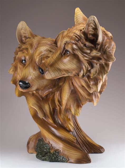 Wolf Head Bust With 2 Wolves Figurine The Painted Finish Mimics Wood