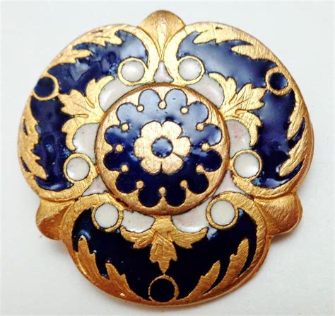 Lg French Enamel Button Cobalt Blue W Gilt Back Marked Em Paris