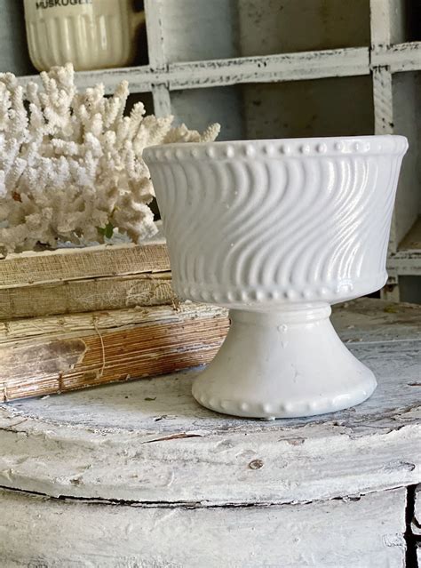 Vintage Compote Pedestal Planter Creamy White Ceramic Container