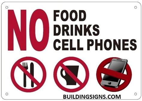 No food, drinks, or cell phone sign 10x7 rust free aluminum, weather/fade resistant, easy mounting, indoor/outdoor use, made in usa by sigo signs. HPD SIGNS:NO FOOD NO DRINKS NO CELL PHONES SIGN (ALUMINUM ...