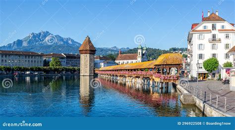 Lucerne City at Reuss River with KapellbrÃ¼cke and Pilatus Mountain Panorama in Switzerland