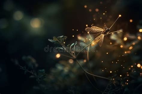 Magical Firefly In Night Forest Abstract Fairy Tale Art Stock Photo