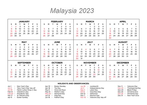 Free Printable Malaysia 2023 Calendar With Holidays Pdf