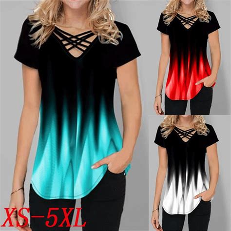 New Summer Womens Fashion Loose Casual Short Sleeve Gradients Printing