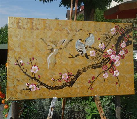 Japan Art Cherry Blossom And Love Birds Japanese Style Etsy