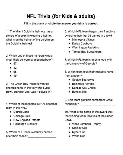 Nfl Trivia For Kids And Adults Free Printable Not Year Specific