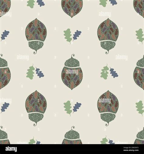 Stylized Vector Acorn And Oak Leaves Seamless Pattern Background