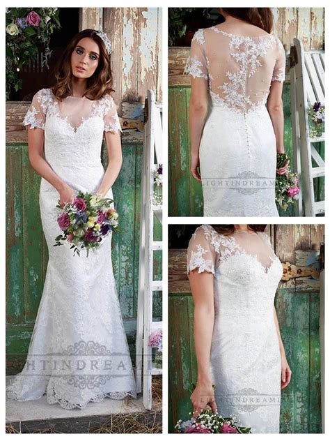Illusion Neckline Short Sleeves Lace Mermaid Wedding Dress 2454463