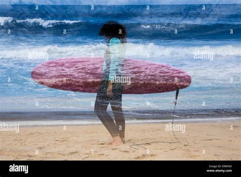 Double Exposure Of Surfer Girl With Ocean Waves Stock Photo Alamy