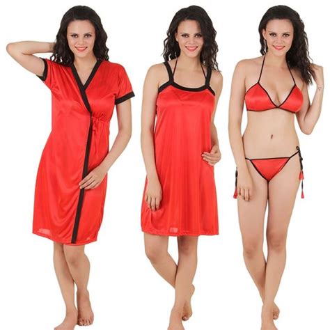 Fasense Women Satin Nightwear 4 Pcs Set Nighty Robe Bra And Thong Red Buy Fasense Women