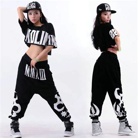Hip Hop Costume Black Short Sleeve Loose Harem Pants Women Street Dance