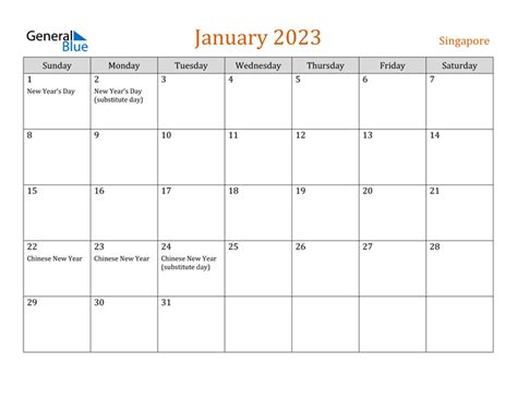 January 2023 Calendar With Singapore Holidays