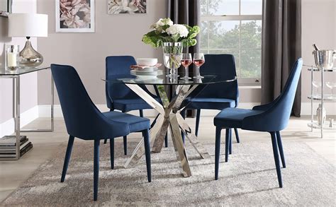 Dining room set for 4, square dining table and 4 blue fabric dining chairs with metal legs, white dining table set of 4 chairs for kitchen dining room restaurant small space, dinette table chair set. Plaza Round Chrome and Glass Dining Table with 4 Modena Blue Velvet Chairs | Glass dining table ...