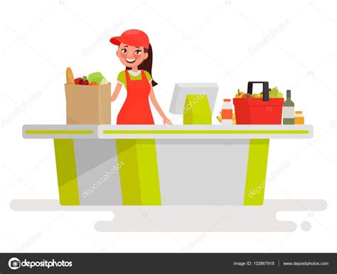 Lovely Girl Cashier At The Cash Register Supermarket Vector Ill Stock