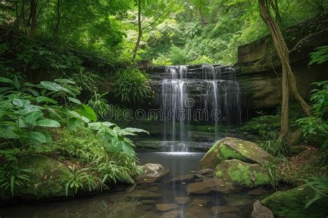 Cascading Waterfall Surrounded By Lush Greenery Stock Illustration