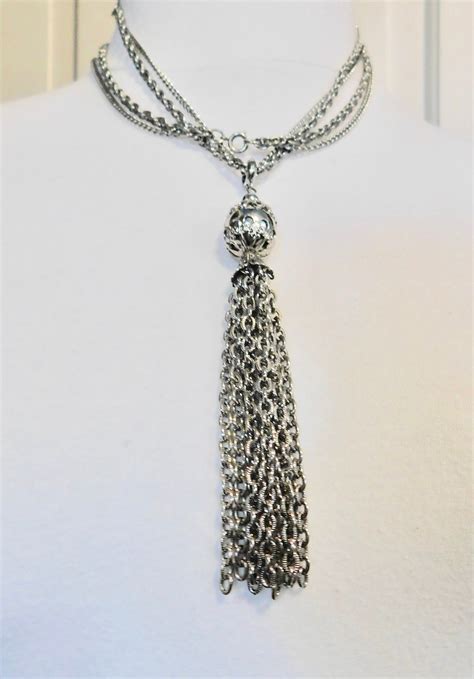 Vintage Silver Tone Double Chain Necklace With Chain Tassel Etsy