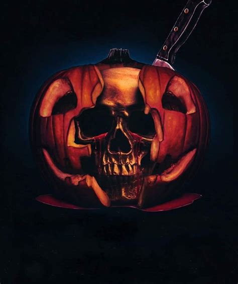 A Halloween Pumpkin With A Knife Stuck In Its Skull And Hands On Top