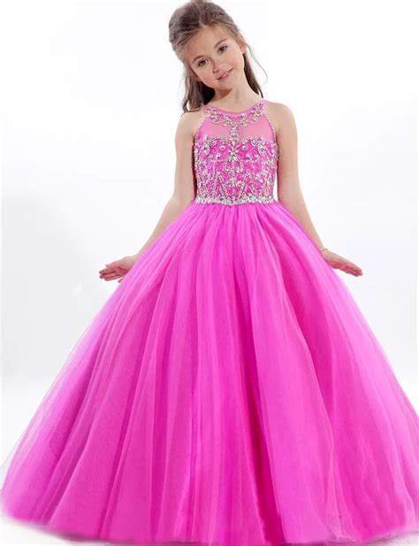 2020 Hot Pink Beaded Pageant Dress For Little Girls Full Skirt Long
