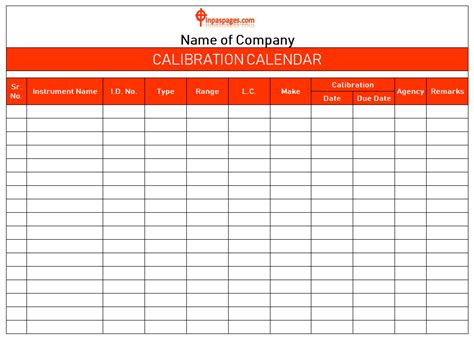 Calibration Calendar For Instruments