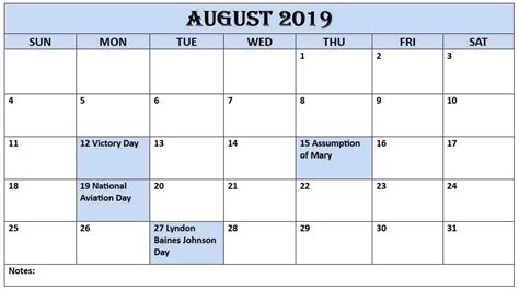 August 2019 Printable Calendar With Usa Holiday Holiday Calendar