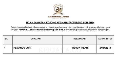 May 3, 2021 may 3, 2021 admin 0. Jawatan Kosong Terkini KFI Manufacturing ~ Pemandu Lori ...