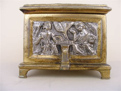 Antique Erhard And Sohne Germany Bronze Cherubs Trinket Box Casket Velvet Lined Box Repousse