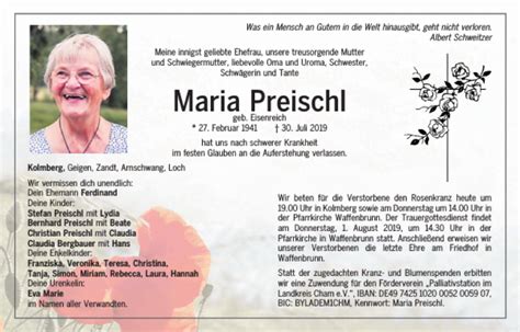 Traueranzeigen Von Maria Preischl Mittelbayerische Trauer
