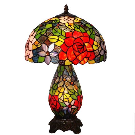 Bieye L10185 12 Inches Rose Tiffany Style Stained Glass Table Lamp With Double Lit 19 Inch In