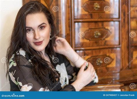 Front View Portrait Of Smiling Dark Haired Girl Stock Image Image Of