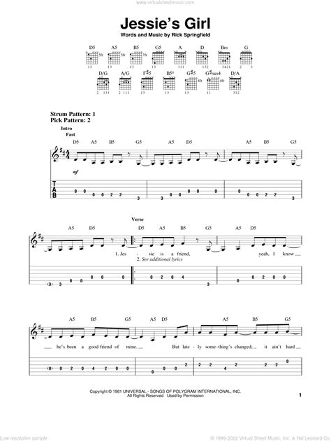 Springfield Jessies Girl Sheet Music For Guitar Solo Easy Tablature