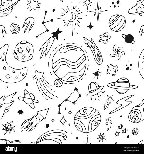 Hand Drawn Space Doodles Universe Planets And Stars Sketches Cute