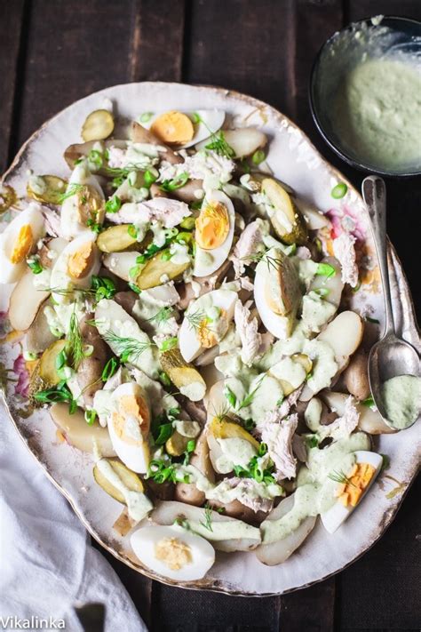 I usually leave the skins on when i make potato salad — i like the spots of color they add to the dish, plus they're thin enough that they're usually quite tender. Fingerling Potato Salad with Green Goddess Dressing - Vikalinka