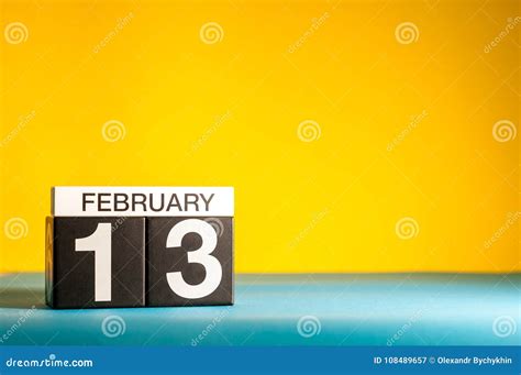 February 13th Day 13 Of February Month Calendar On Yellow Background