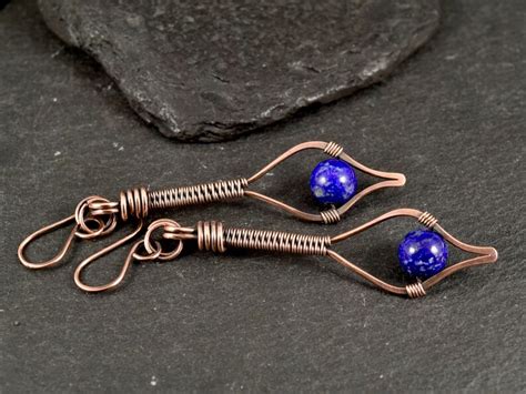 Blue Lapis Lazuli Bead Wire Wrapped Earrings Beaded Earrings Etsy Uk