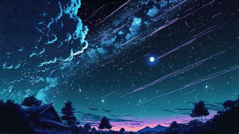 Anime Night Stars Sky Clouds K I Wallpaper Pc Desktop