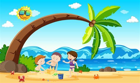 Children Playing At The Beach 6889394 Vector Art At Vecteezy