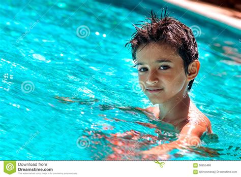 Boy Kid Child Eight Years Old Inside Swimming Pool Portrait Happy Fun