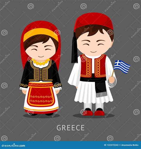 Cartoon Greeks Couple Wearing Traditional Costumes St