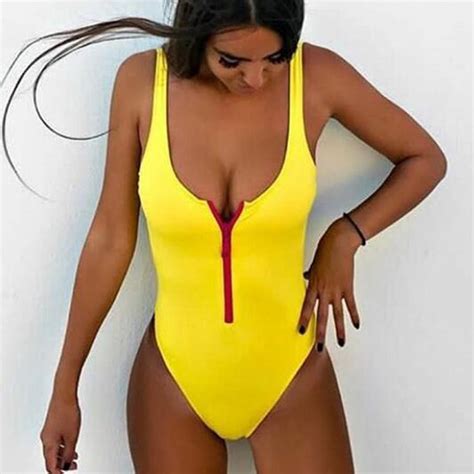 Front Zipper 2018 Women Swimwear Sexy One Piece Swimsuit Yellow