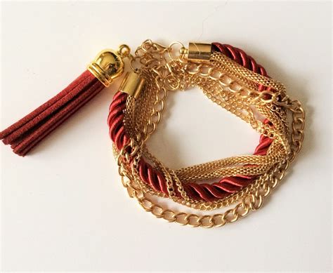 Burgundy Suede Tassel Chain And Rope Bracelet Gold Multichain Etsy