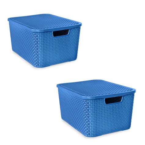 Kit 2 Cestos Caixa Organizadora 15 Litros Tampa Azul Rattan